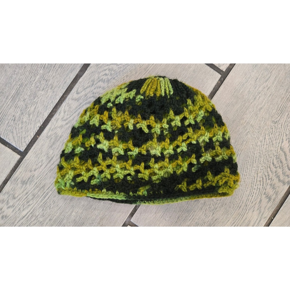 Handmade Nepal 100% Wool Beanie Green Black Variegated Crochet Knit Winter Hat